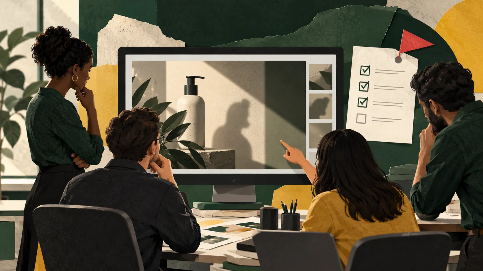 Equipo de marketing revisa una creatividad antes de publicarla y utiliza una lista de comprobación