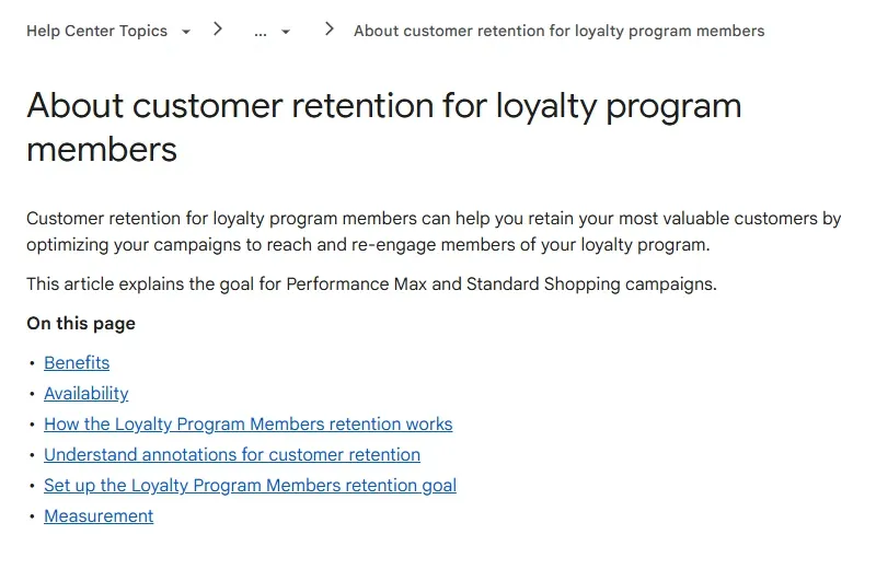 Captura real de la documentación de Google Ads sobre retención de miembros de programas de fidelización