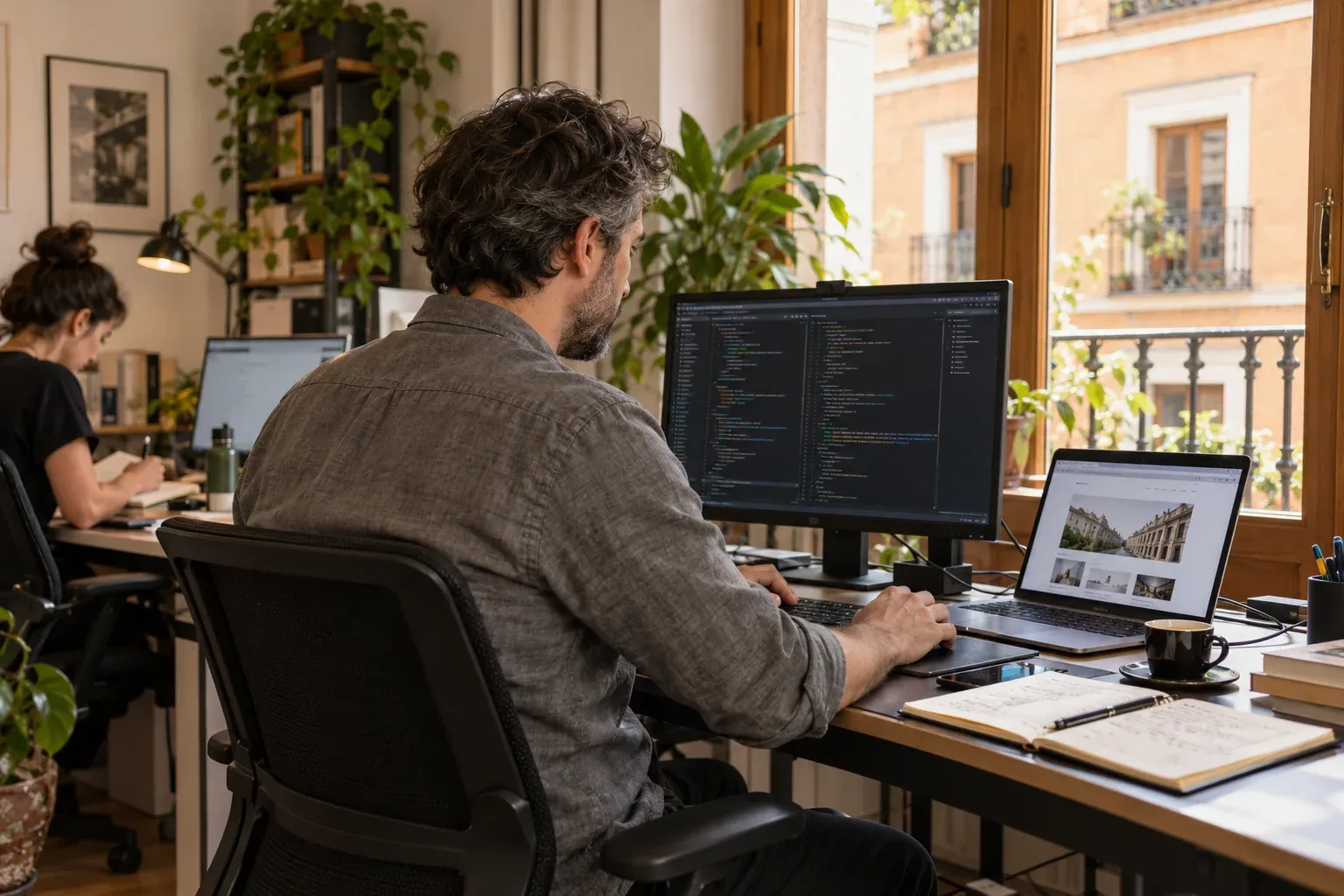 Desarrollador trabajando con un editor de código y una web de prueba en su escritorio