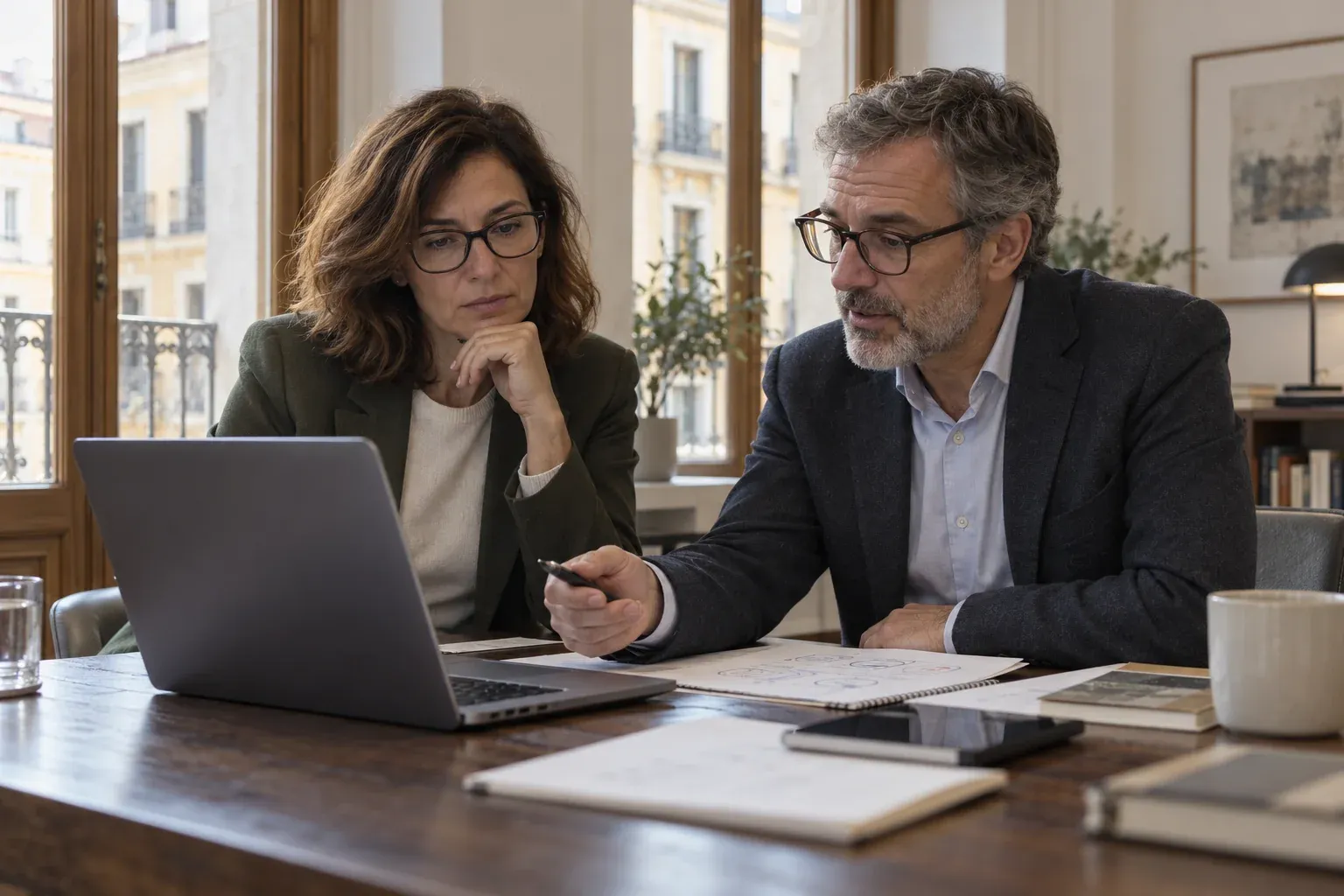 Dos profesionales contrastan una web con una lista de revisión en papel