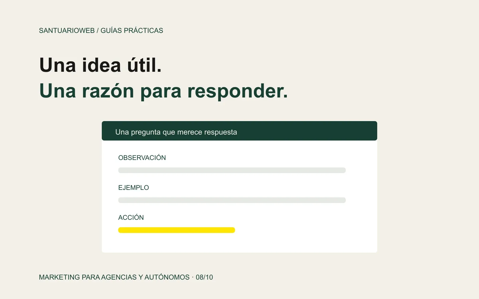 Estructura de una newsletter con una observación, un ejemplo y una acción; esquema editorial de demostración.