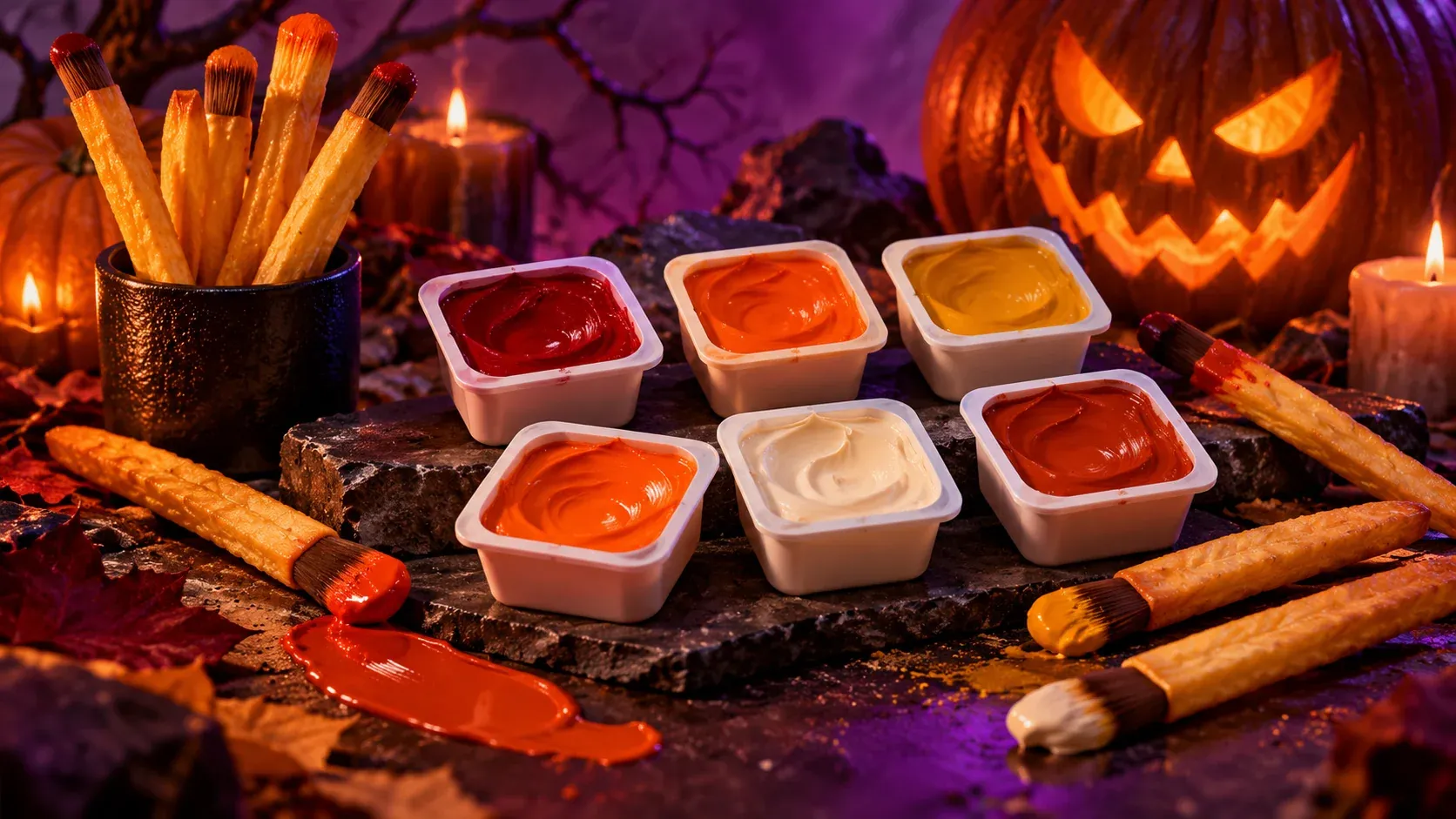 Ilustración de maquillaje de Halloween en recipientes de colores con pinceles y calabazas
