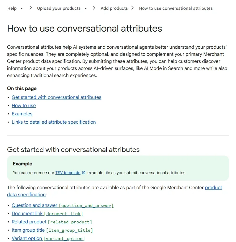Captura real de la ayuda oficial de Google Merchant Center con los atributos conversacionales de producto