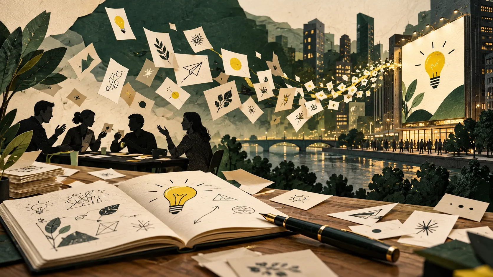 Cuaderno y pluma sobre una mesa con ideas dibujadas que avanzan hacia una pantalla urbana