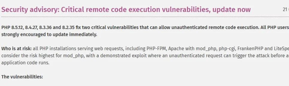 Captura real del aviso oficial de PHP del 21 de octubre de 2026 sobre dos vulnerabilidades críticas