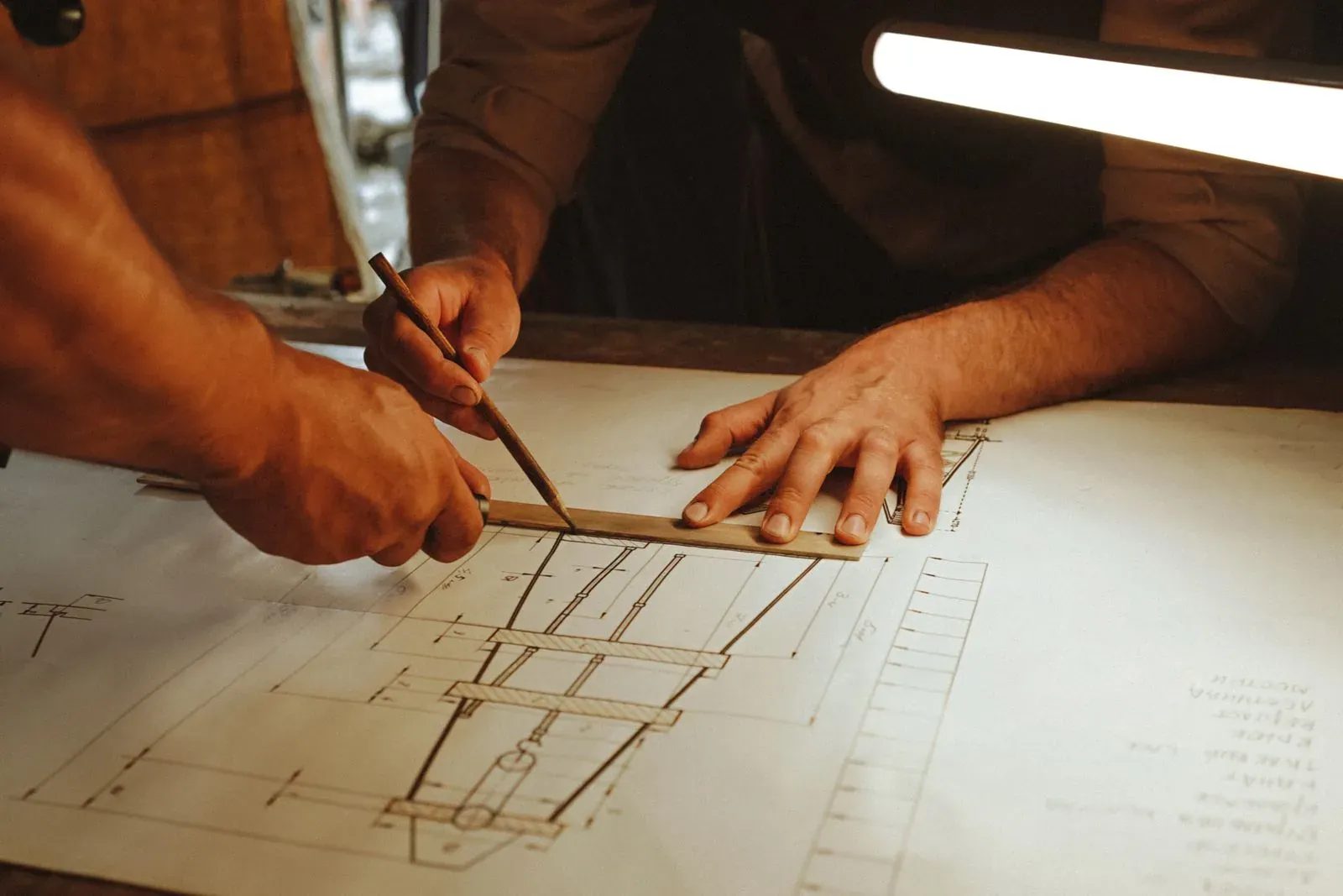 Profesionales trabajando sobre un plano con herramientas de dibujo