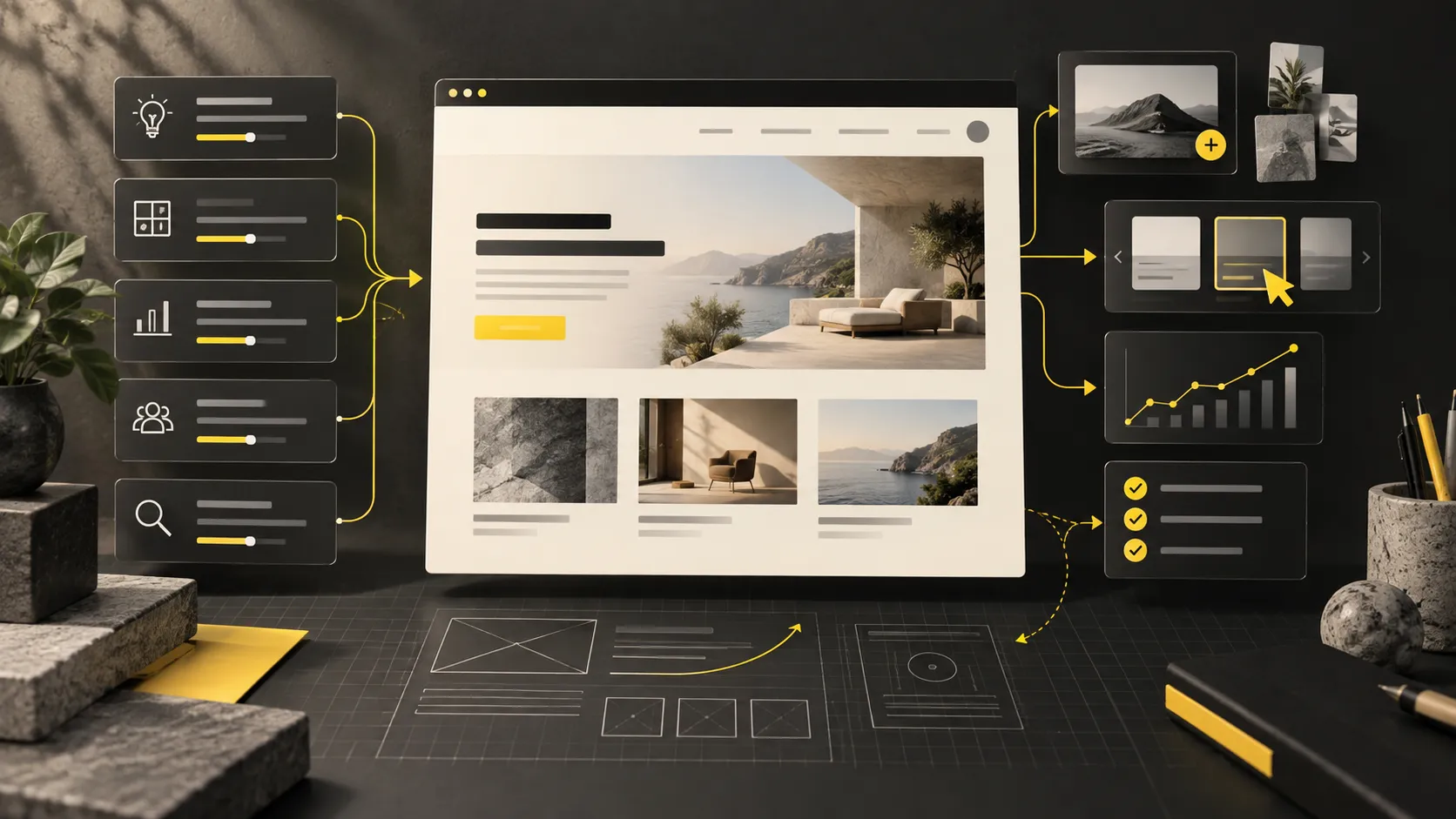 Ilustración editorial de una web profesional conectada con módulos de prompts, diseño, SEO, analítica y control de calidad