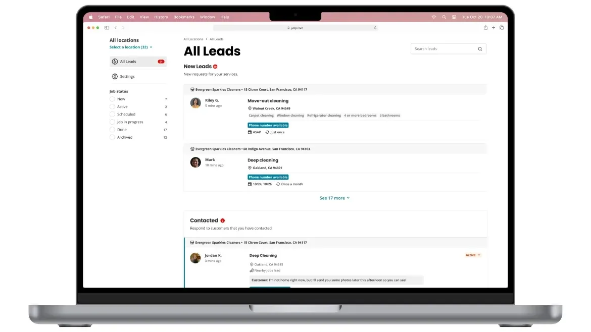 Captura oficial de Aggregated Leads Center de Yelp con la bandeja de solicitudes de varios establecimientos